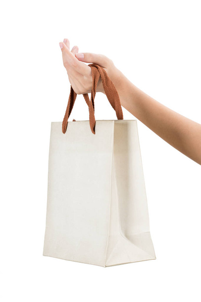 Woman hand holding brow paper bag, isolated on white background. - Photo, image