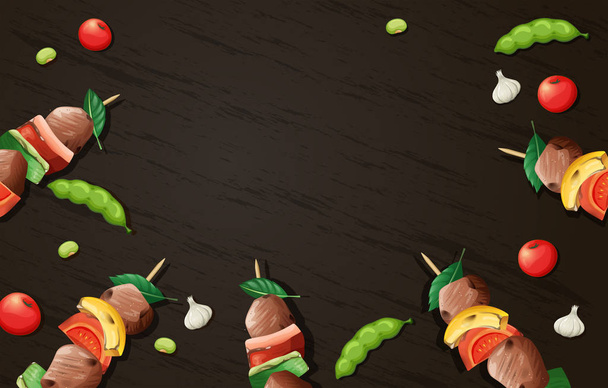 Delicioso Kebab Barbacoa Plantilla de madera ilustración
 - Vector, Imagen