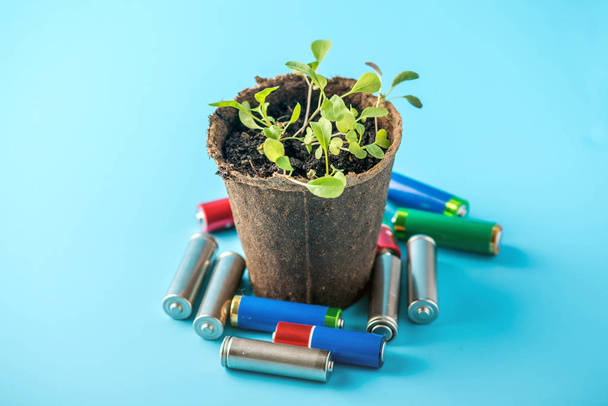 Les piles alcalines utilisées reposent sur des plantes vertes germées. Le concept de pollution de l'environnement par les déchets ménagers toxiques
 - Photo, image