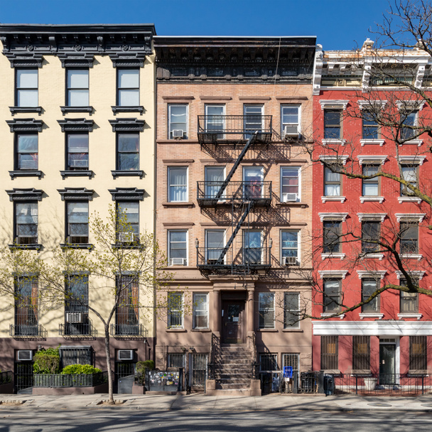 Colorful old buildings along Tompkins Square Park in the East Village of Manhattan in New York City NYC - Photo, Image