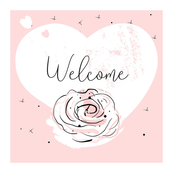 Romantic border design with hand drawn abstract doodle rose flower on pastel blush pink heart shape background. Ideal for wedding, invite, engagement, bridal shower, birthday, anniversary, invitation - Vector, Image