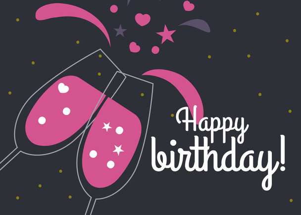 Card with two glasses of champagne, birthday greetings, pink and black wedding invitation. Vector illustration - Vettoriali, immagini