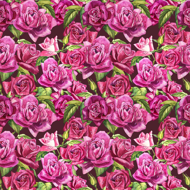 Natural pink roses background. Seamless pattern of red and pink roses, watercolor illustration. - Фото, зображення