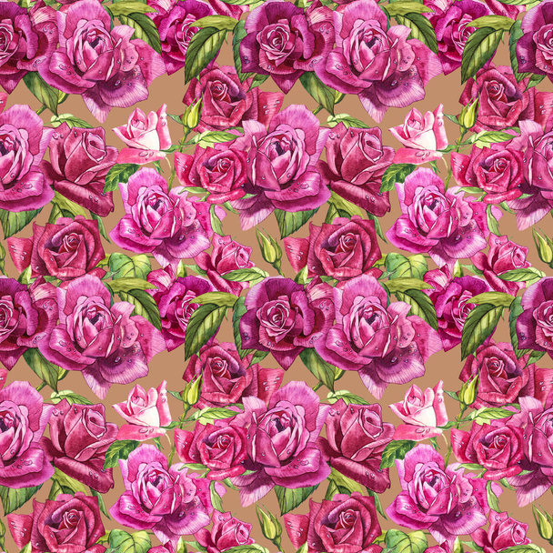 Natural pink roses background. Seamless pattern of red and pink roses, watercolor illustration. - Photo, image