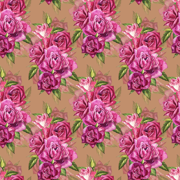 Natural pink roses background. Seamless pattern of red and pink roses, watercolor illustration. - Photo, image