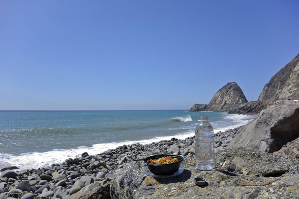 Bowl with veggie, chicken and soft drink bottle at Thornhill beach near Point Mugu, Ventura, CA (focus on food) - Photo, Image