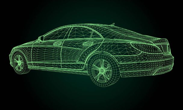 The model sports a premium sedan. Vector illustration in the form of a green polygonal triangular grid on a black background - Vector, Image
