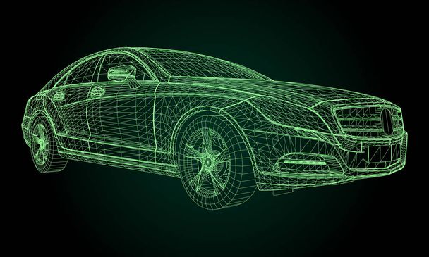 O modelo ostenta um sedan premium. Ilustração vetorial na forma de uma grade triangular poligonal verde sobre um fundo preto - Vetor, Imagem