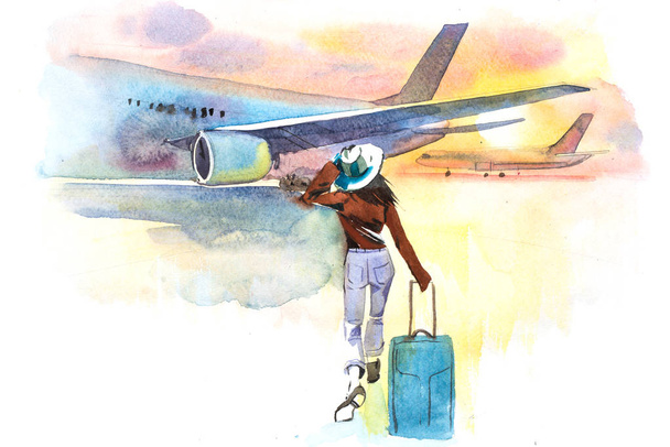 Vrouw reiziger instapweigering vliegtuig, achteraanzicht. Vertrek. Meisje op een luchthaven ongeveer aan boord van een vliegtuig. - Foto, afbeelding