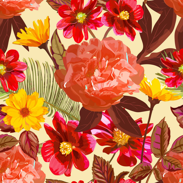 nahtloses Muster mit gelben Chrysanthemen und roten Pfingstrosen - Vektor, Bild