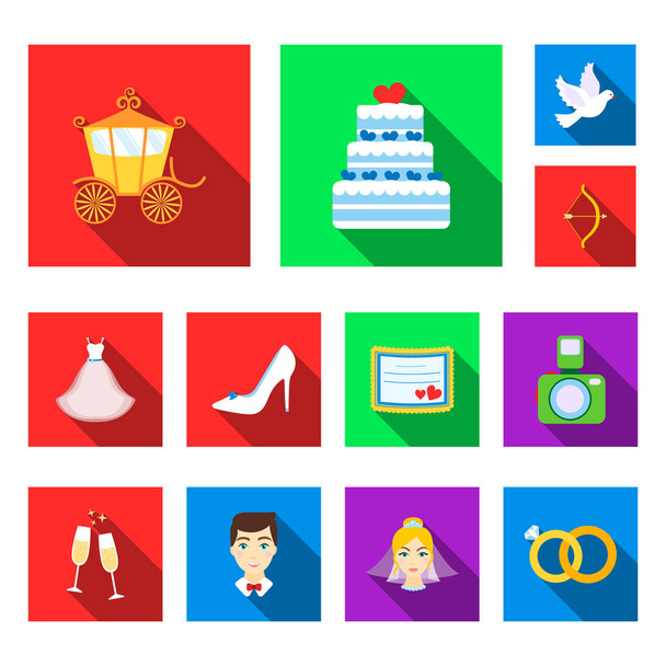 Esküvői és attribútumok lapos ikonok beállítása gyűjtemény a design. Ifjú és tartozékok vektor szimbólum állomány honlap illusztráció. - Vektor, kép
