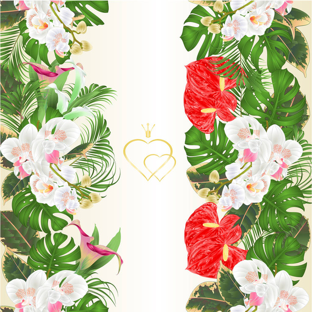 美しい白蘭、リリ、パーム、熱帯の花のフラワーアレンジメントの花の垂直方向の境界線シームレスな背景花束フィロデンドロン ビンテージ ベクトル図編集手描します。  - ベクター画像