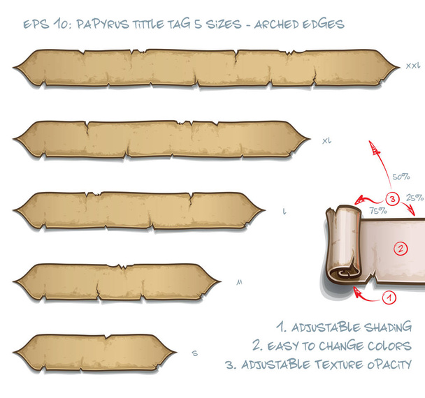 Vektorillustration eines Papyrus-Tittel-Scroll-Tags mit gewölbten Kanten. Satz von fünf Größen klein mittel groß und zwei extra groß. alle Elemente sauber auf klar definierten Ebenen und Gruppen - Vektor, Bild