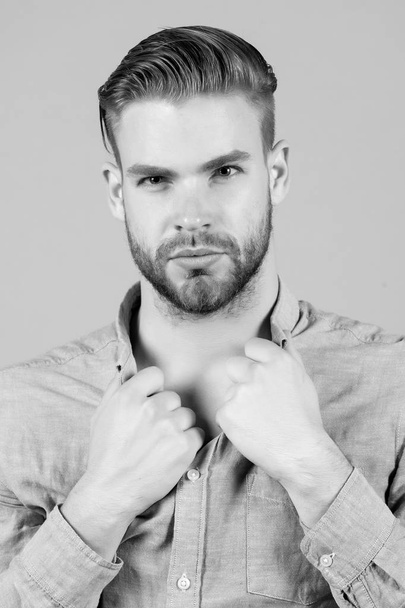 Guy with bearded face, stylish hair, haircut hold blue shirt collar on grey background. Grooming, male beauty concept - 写真・画像