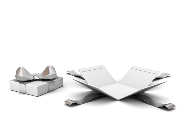 Ανοίξτε το κουτί δώρου, το παρόν πλαίσιο με ασημένια κορδέλα και φιόγκο που απομονώνονται σε λευκό φόντο με σκιά. 3D rendering. - Φωτογραφία, εικόνα