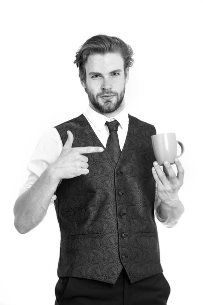 elegant man in waistcoat with a cup of coffee isolated on white background - Foto, immagini
