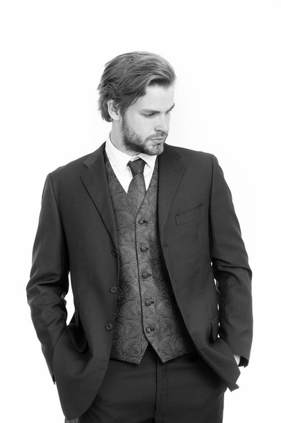 Fashion and beauty. Manager with beard on serious face. Man in formal outfit isolated on white. Business and success. Businessman or ceo in black jacket. - Фото, зображення