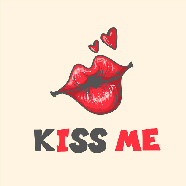 Lips kiss. Vector patch, sticker isolated on white. Cool sexy red kissed. cartoon Sign for print in comics Fashion pop art retro style - Vector, Imagen