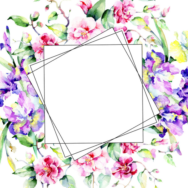 Colorful bouquet. Frame border ornament square. Fabric wallpaper print texture. Aquarelle wildflower for background, texture, wrapper pattern, frame or border. - 写真・画像