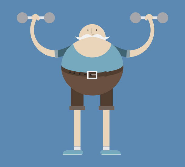 anciano se dedica a levantamiento de pesas, hombre y mancuernas, imagen vectorial, diseño plano, personaje de dibujos animados
 - Vector, imagen