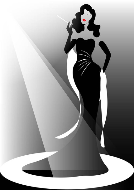 ショップのロゴ ファッション女性、美しいブルネット シルエット歌姫。企業ロゴ デザイン、エレガントな黒のドレス、ビンテージ女性の喫煙タバコ ホルダー、分離ベクトルまたは黒でレトロな美しい表紙の女の子 - ベクター画像