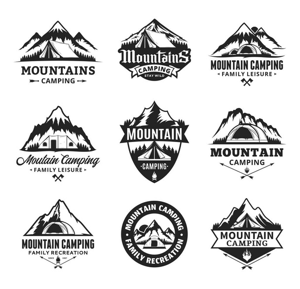 Vektör dağ kamp ve açık rekreasyon logo kümesi. Kamp rozetleri. - Vektör, Görsel