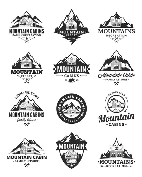 Set of vector mountain adventures, outdoor recreation and cabin rentals logo. - Vector, Image