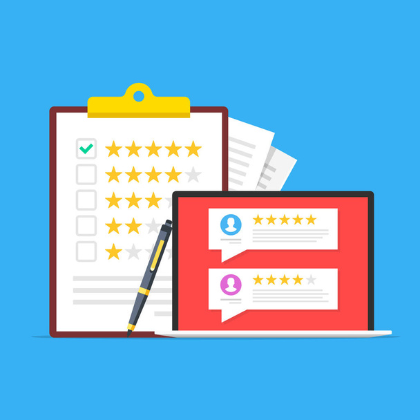 Customer review, customer feedback. Clipboard with rating stars, survey and checkmark, pen and laptop with testimonials on screen. Flat design. Vector illustration - Vector, Image