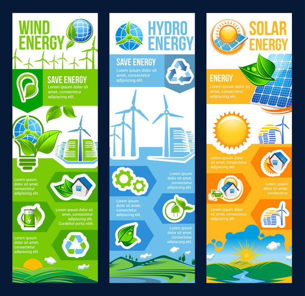 Save energy banner of solar, wind and hydro power - Vector, Image
