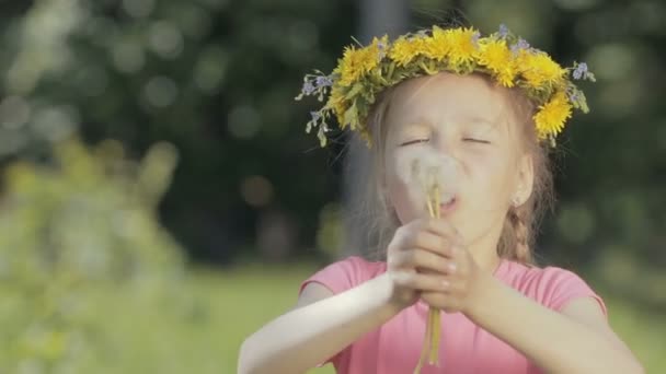 Porträt eines lustigen kleinen Mädchens im Wald. ein Kind ohne Vorderzähne bläst auf trockenen Löwenzahn und lacht, einen Blumenkranz auf dem Kopf - Filmmaterial, Video