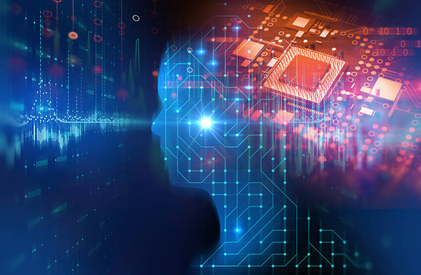 silueta de humano virtual en el patrón de circuito 3d ilustración, representan la tecnología artificial
 - Foto, imagen