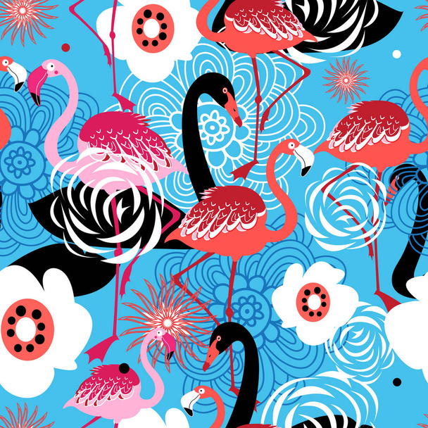 Bright floral pattern of flamingos and swans on blue background - Вектор, зображення