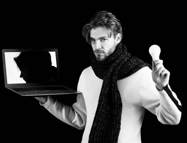 bearded guy with laptop and lamp - Foto, immagini