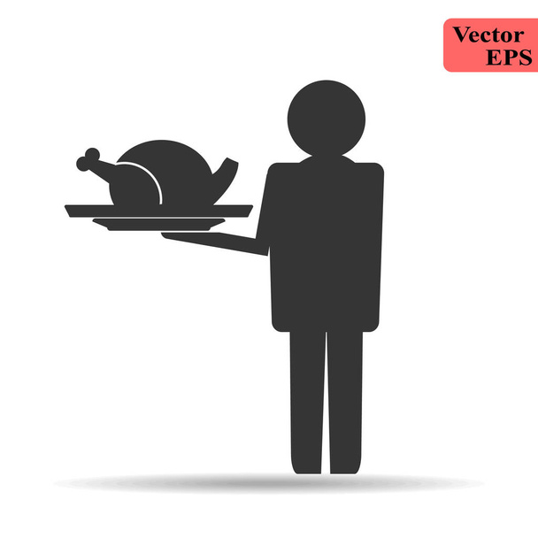 απλή επίπεδη σχεδίαση του σερβιτόρου άντρας σταθεί με κρατήστε τροφίμων κάλυψης και ψητό κοτόπουλο - Διάνυσμα, εικόνα