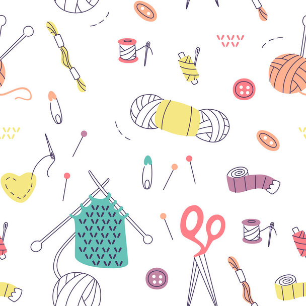 Pattern with Knitting and Sewing Tools. Vector Doodle Elements.  - Vector, Image