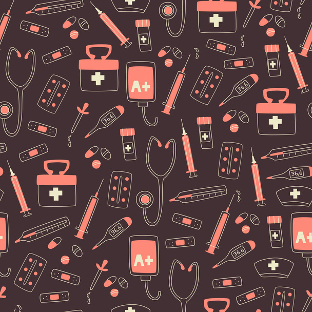 Medical Seamless Pattern. Hospital Elements - Thermometer, Stethoscope, Tablets and Syringe.  - Vector, Image