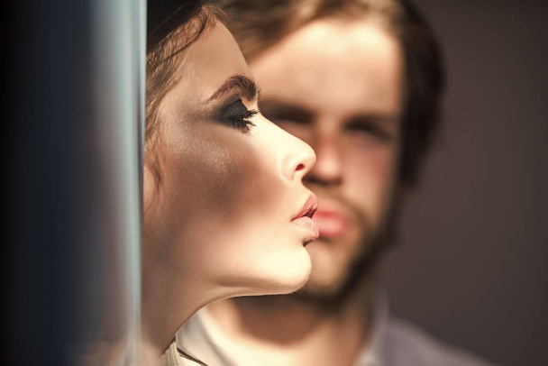 Couple secrets fantasy. Girl with makeup, eyeshadows, blush, foundation - Foto, Imagen
