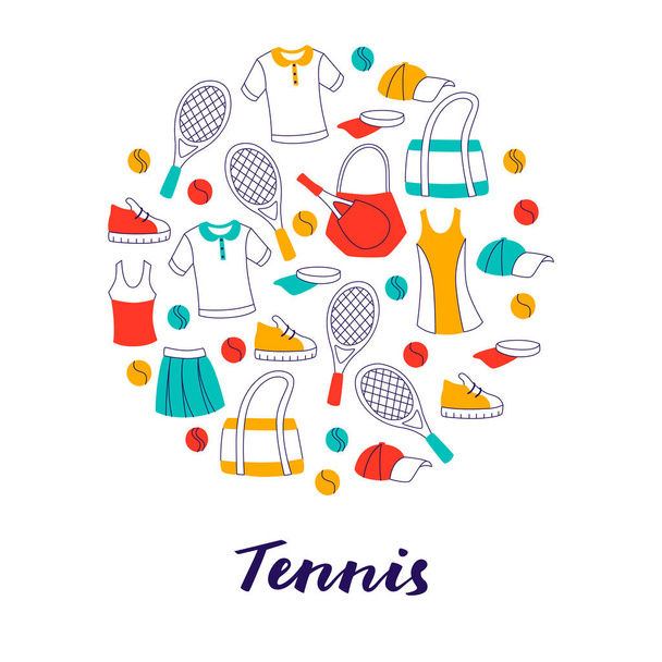 Set da tennis Doodle disegnato a mano. Attrezzatura sportiva illustrazione vettoriale isolata su bianco
. - Vettoriali, immagini