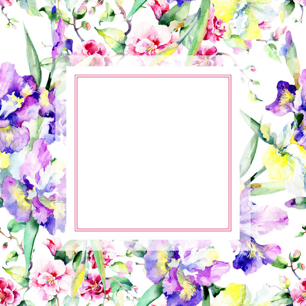 Colorful bouquet. Frame border ornament square. Fabric wallpaper print texture. Aquarelle wildflower for background, texture, wrapper pattern, frame or border. - Photo, Image