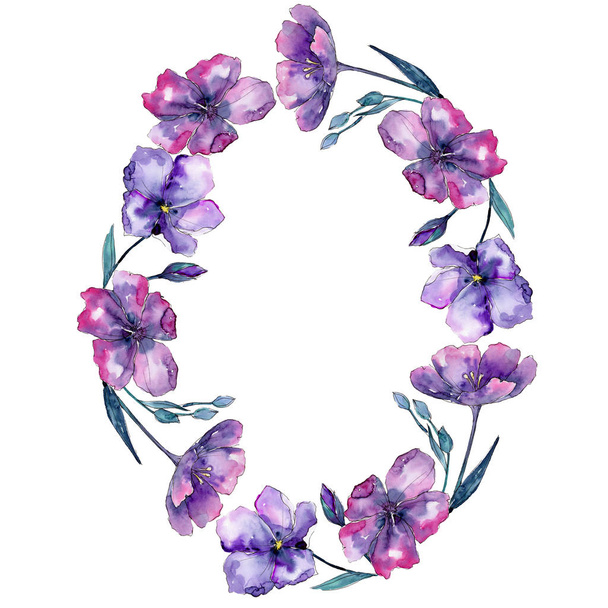Violet vlas. Floral botanische bloem. Frame grens ornament vierkant. Aquarelle wildflower voor achtergrond, textuur, wrapper patroon, frame of rand. - Foto, afbeelding