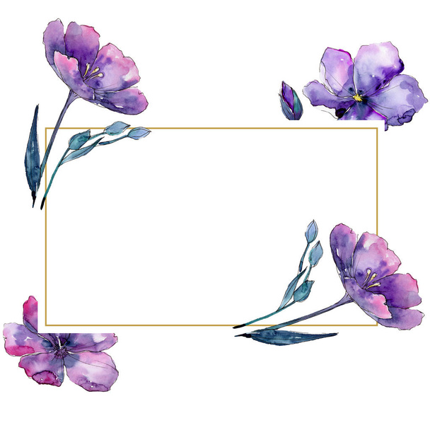 Violet flax. Floral botanical flower. Frame border ornament square. Aquarelle wildflower for background, texture, wrapper pattern, frame or border. - Φωτογραφία, εικόνα
