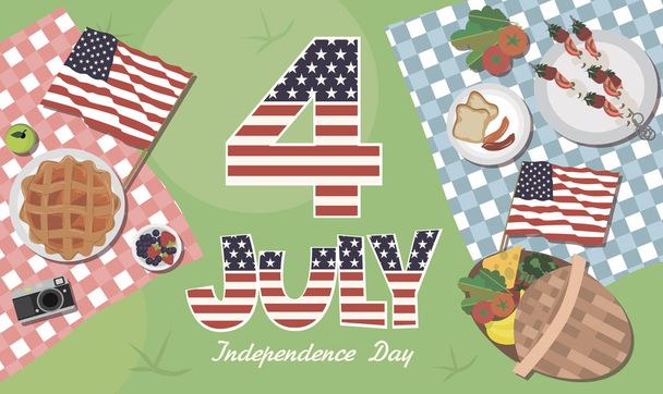 Dzień Niepodległości Stanów Zjednoczonych plakat pozdrowienie. Urządzić piknik z żywności i napojów. Ilustracja wektorowa edycji - Wektor, obraz