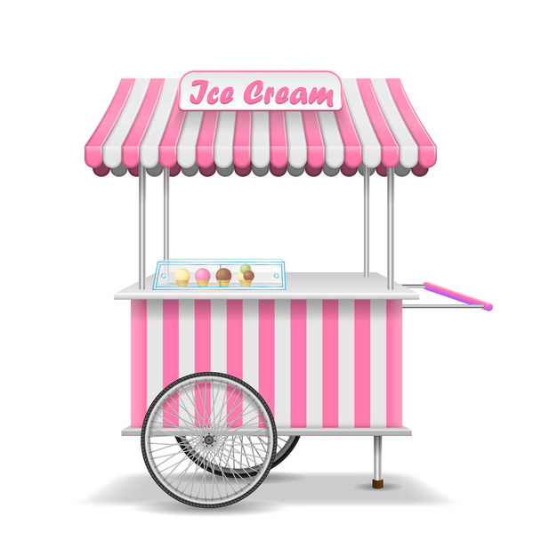realistische Streetfood-Wagen mit Rädern. Mobile rosafarbene Eismarktvorlage. Eisdielen-Attrappe. Vektorillustration - Vektor, Bild