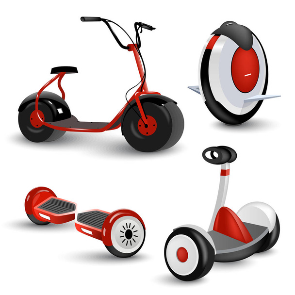 Realistic self-balancing gyro two-wheeled board scooter or hoverboard 3 colorful sets transparent background vector illustration - Vetor, Imagem