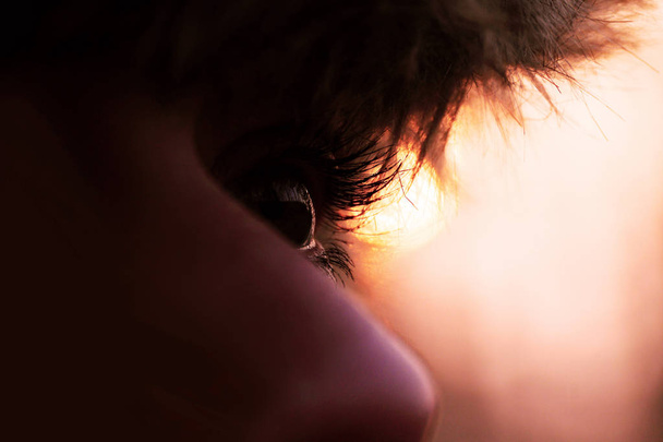 Vrouwelijke ogen en neus close-up van zijaanzicht. De gloed van het zonlicht in de achtergrond. Close-up. Selectieve aandacht.  - Foto, afbeelding