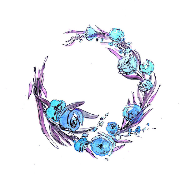 Watercolor Wreath with Spring Flowers. Can be used as a Print for Fabric, Background for Wedding Invitation, Romantic Greeting Card.  - Foto, immagini
