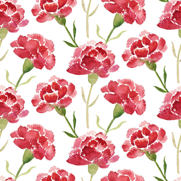 Seamless pattern of red watercolor carnations - Foto, Imagem