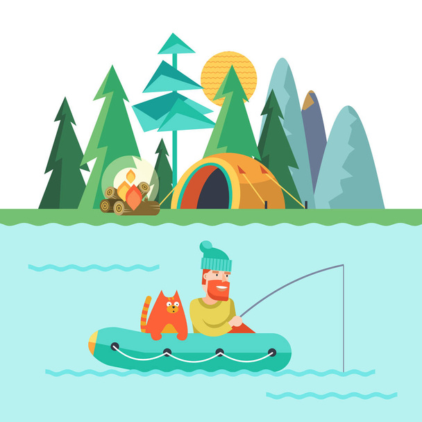 Camping. Summer outdoor recreation in the tent.  Fisherman with a cat in a rubber boat.  A tent camp and a fire. Vector illustration, emblem. - Vector, Image