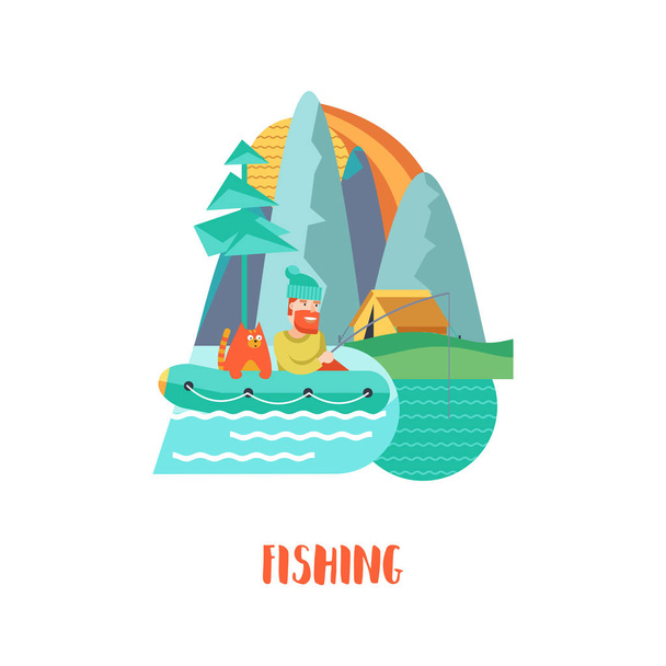 Camping. Summer outdoor recreation in the tent.  Fisherman with a cat in a rubber boat.  Tent camp. Vector illustration, emblem. - Vettoriali, immagini