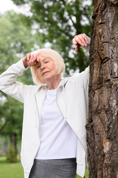 Seniorin rastet in Park neben Baum aus - Foto, Bild